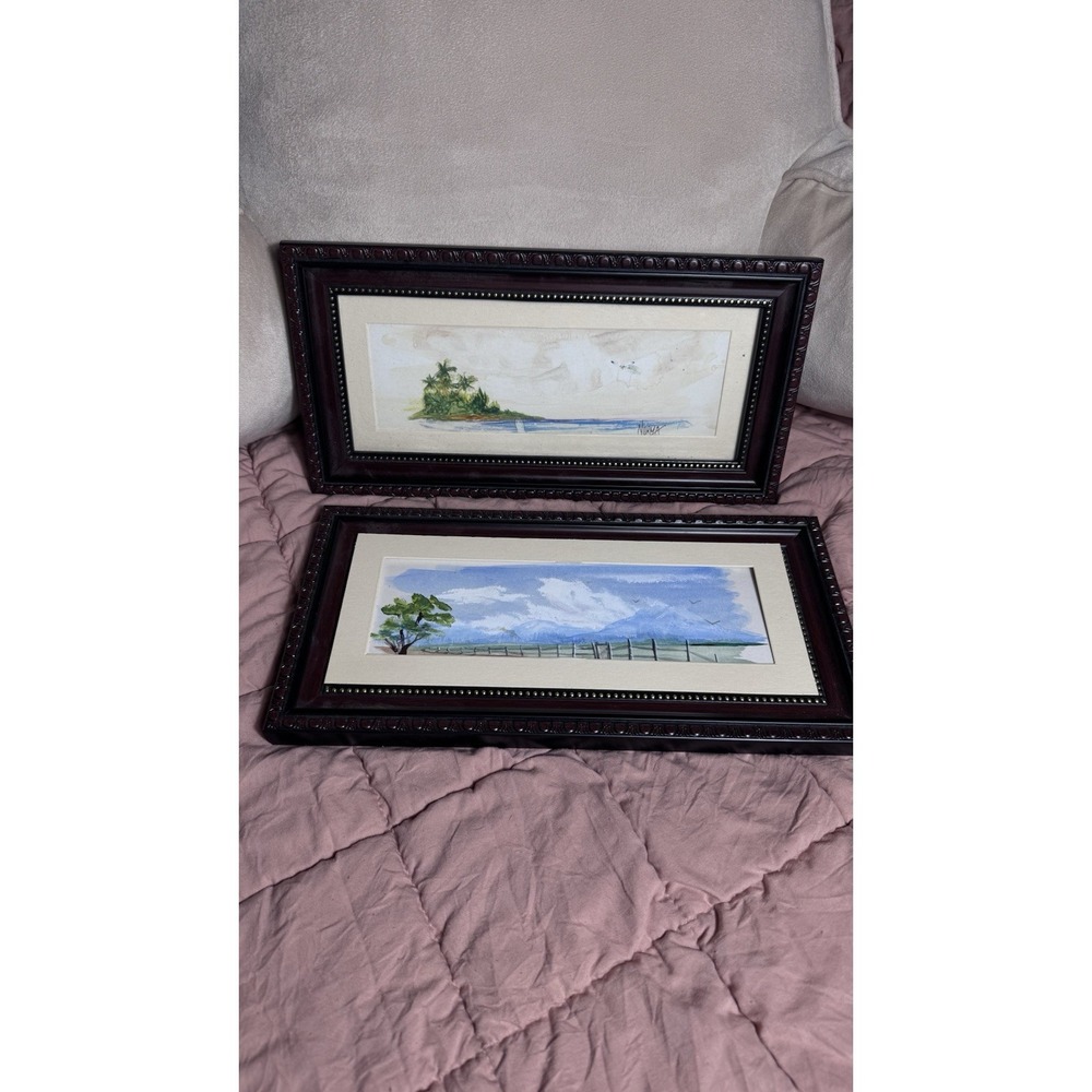 Set Of 2 Rectangular Watercolors Paintings By Norma Mountain & Sea